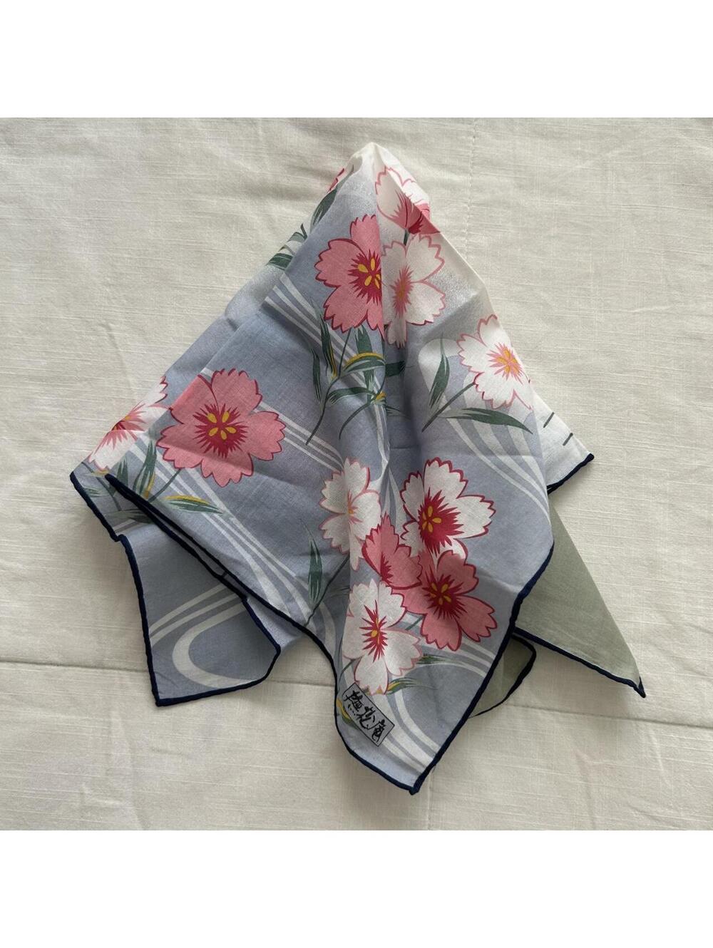 Light Blue Pink Floral Bandana Scarf Japanese Print Navy Trim Vintage
